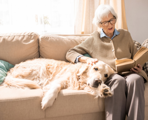 Frau mit Hund und Buch auf dem Sofa